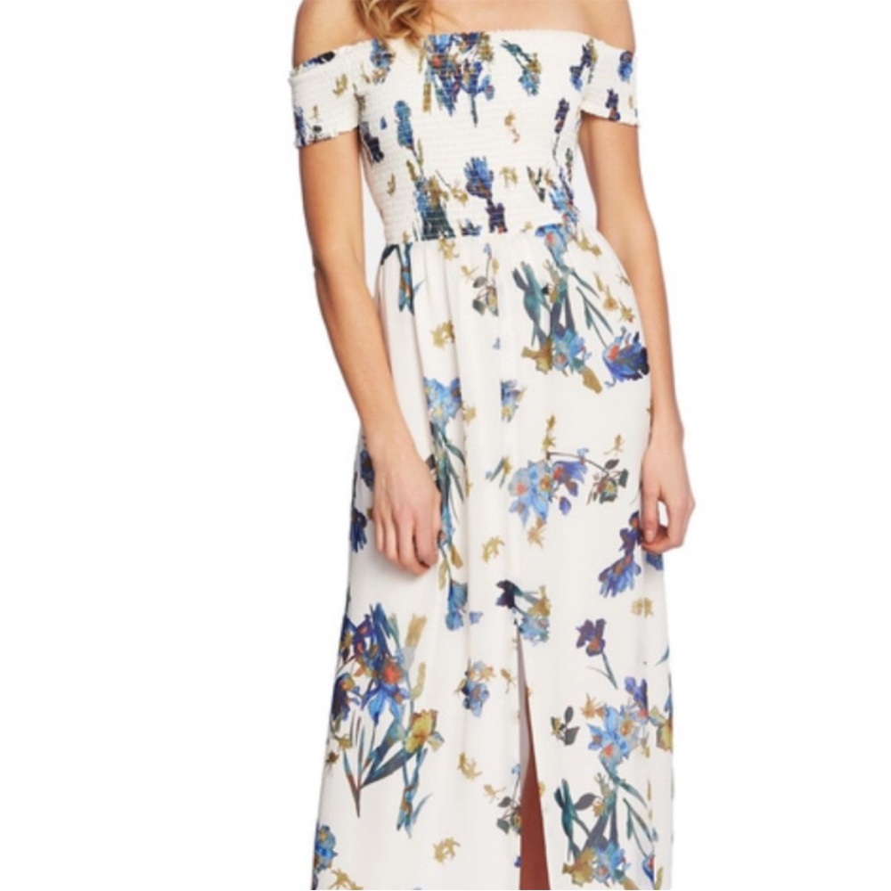 CeCe Off the Shoulder Smocked White Floral Midi Dress- Large